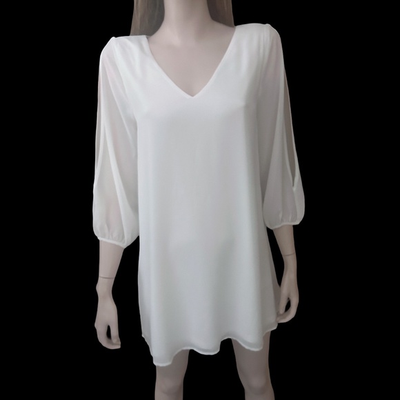 Lulu's Chiffon Cold Shoulder Shift Dress Tunic Wedding open sleeve Flowy Angelic - Picture 7 of 16
